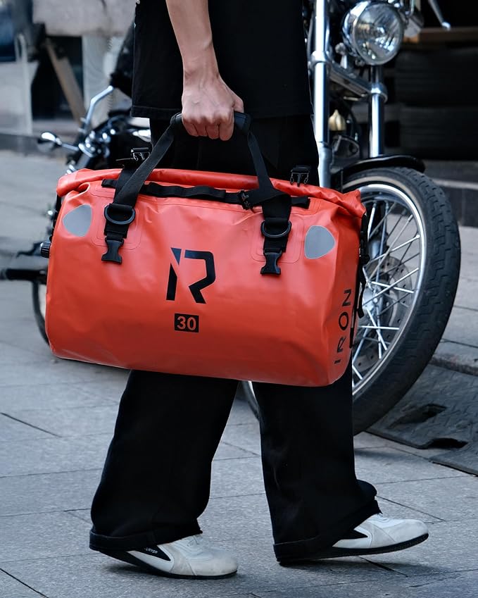 IRON JIA'S Motorcycle Dry Bag - Waterproof Duffle & Luggage Tail Bag Saddle Bags with Roll Top Closure, Shoulder Straps, Inner Pocket and Mesh Pocket (Orange, 50L)