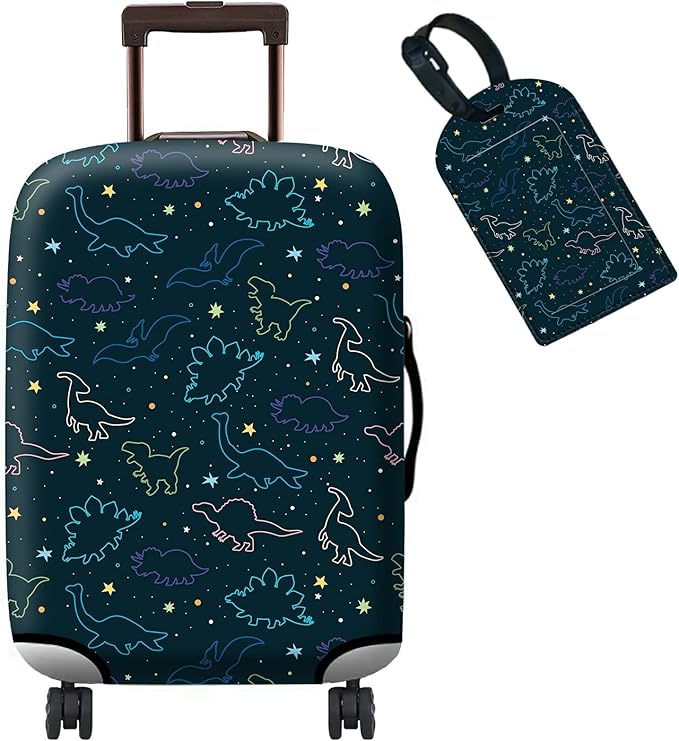 Luggage Cover Suitcase Protector Plus 1 Tag, Dinosaurs Space Travel Suitcase Cover for 18-20 inch Luggage (S) with Concealed Zipper Washable Elastic Cloth Dustproof Anti-Scratch
