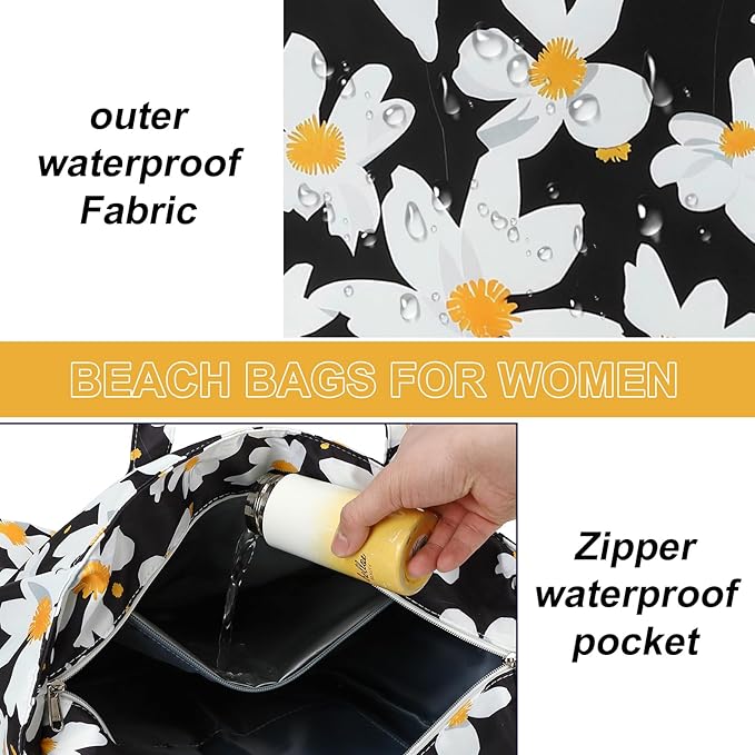 LEDAOU Beach Bag Waterproof Sandproof Women Tote Bag Pool Bag with Zipper for Gym Grocery Travel with Wet Pocket