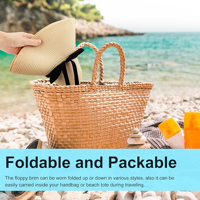 DRESHOW Beach Hats for Women Big Straw Wide Brim Summer Hat Floppy Foldable Roll up Cap Sun Hat UPF 50+