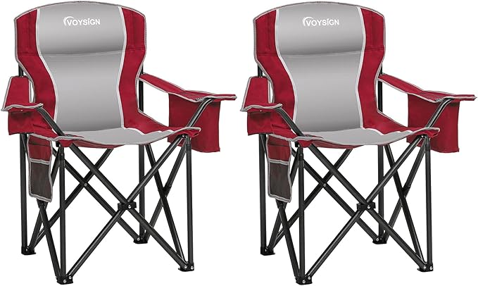 Padded Camping Chairs for Adults, Oversized Folding Outdoor Chairs, Weight Capacity 475lbs, with Cooler Bag, Cup Holder, Storage Pocket Carry Bag (Red - 2 Pack)