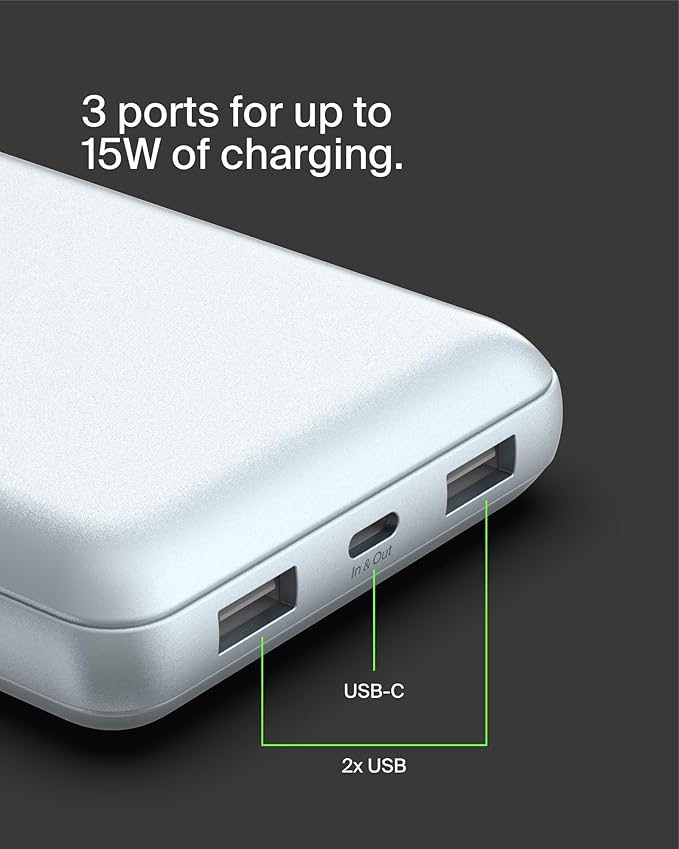 Belkin Portable Charger, USB-C Power Bank 20000 mAh w/ 2 USB-A Ports, 15W w/Type-A to Type-C Cable for iPhone 16, Samsung Galaxy S25, iPad, Nintendo Switch 2, Google Pixel 10, etc. - Pearl Blue