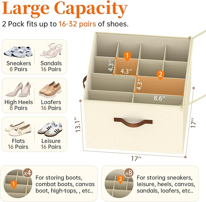 Shoe Organizer for Closet, Foldable Shoe Storage Containers, Fits up to 16 Pairs, Large Shoe Storage Organizer Box Cubby Baskets Bins with Clear Cover and Reinforced Handles, Beige