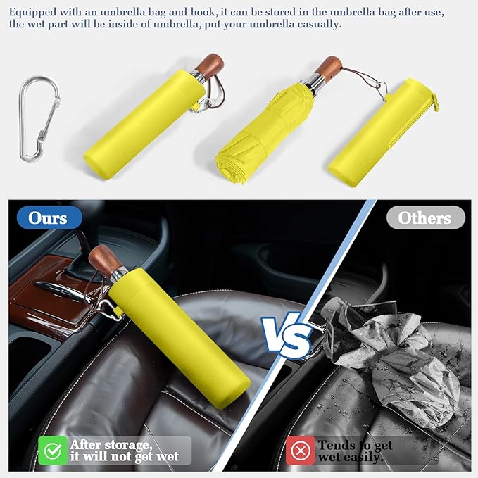 3T Wind Armor Travel Umbrella Compact Easy Auto Open Close Folding Umbrellas for Rain Windproof Umbrella for Women and Men Durable Real Wood Handle Portable Fits Backpack Car