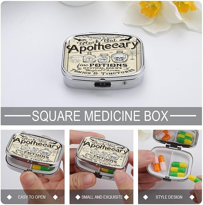 Metal 2 Compartment Pill Organizer Travel Friendly Portable Compact Pill Box Cute Pill Case to Hold Vitamins,Fish Oil,Supplements,Meds,Tablet for Purse,Pocket. (Apothecary)