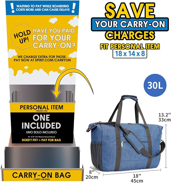 Narwey 18x14x8 Inches Travel Bag Spirit Airlines Frontier Personal Item, Travel Duffel With Wet Pocket Carry on Bag for Airplane Underseat Duffle Overnight for Women and Men (Navy Blue)