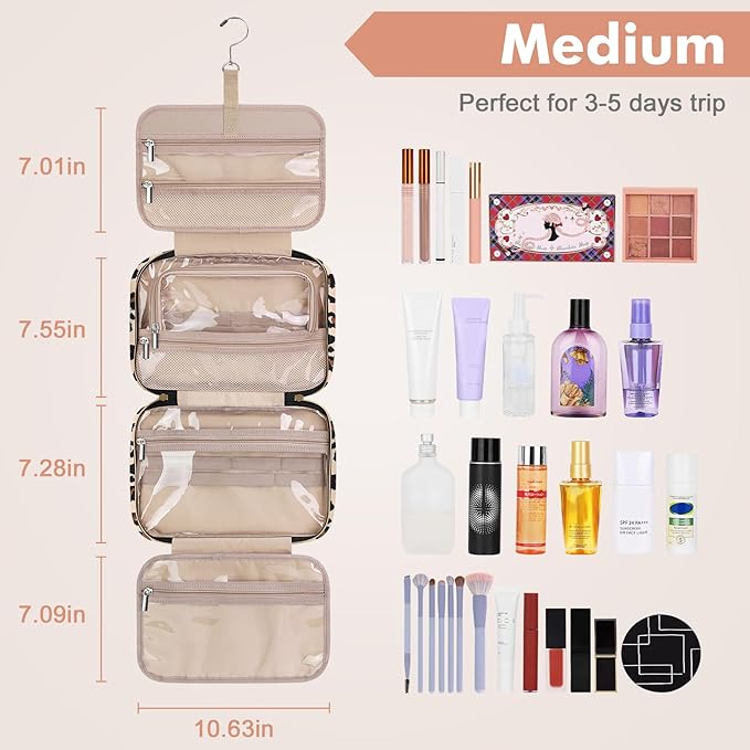 Wedama Toiletry Bag for Women, Medium Cosmetic Travel Bag, Hanging Toiletry Bag for Bathroom, PVC Waterproof Makeup Bag, Toiletries Bag for Travel Business Trips and Camping, Leopard Print