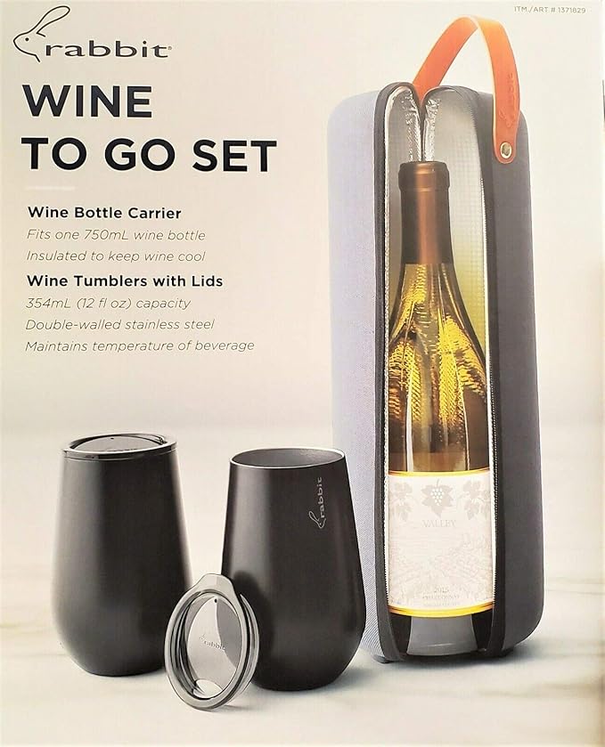 Rabbit Wine to Go - Set of 3 | Wine Bottle Insulation Bag with Handle | Includes 2 Stainless Steel Tumblers with Lids | For On-the-Go Travel such as Picnic, Hiking, and Barbeques