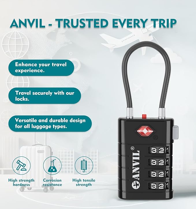 ANVIL 4 Digit Luggage Locks, TSA Locks for Luggage, Advanced TSA008 core, Alert Indicator for Your Travel Lock, Suitcase Lock. (1, Black)