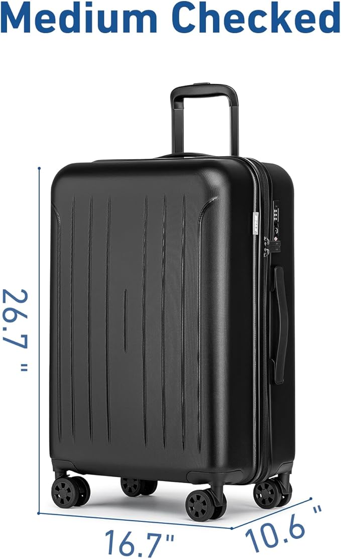KYME Suitcase Hardshell With Double Spinner Wheels, PC+ABS TSA Lock Travel Luggage (Black, 24" Checked)