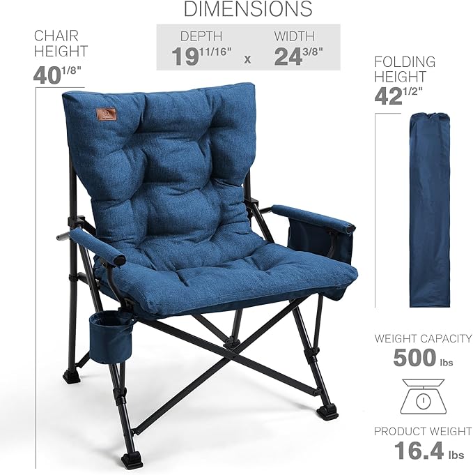 EVER ADVANCED Padded Oversized Folding Camping Chair for Adults, Heavy Duty Lawn Chair with Side Pockets, Portable Collapsible Quad Chair for Outside, Support Up to 500lbs, Blue
