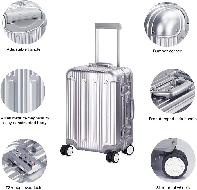 TRAVELKING All Aluminum Carry On Luggage with TSA Locks Fashion Cool Metal Hard Shell Spinner Suitcase (Silver, 20 Inch)…