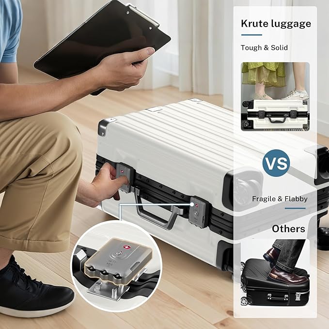 Krute Checked Aluminum Frame Suitcase 24 Inch Zipperless Luggages Hardside PC Luggage With Spinner Wheels TSA Lock USB Charger Suitcases(1 Piece)