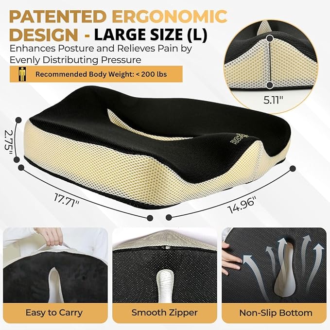Patented 55D Memory Foam Seat Cushion– Ergonomic Office Chair Cushion for Sciatica Relief, Car Seat Cushion for Long Driving – Coccyx Pillow for Tailbone Pain, Pressure Relief for Hip, All Day Comfort