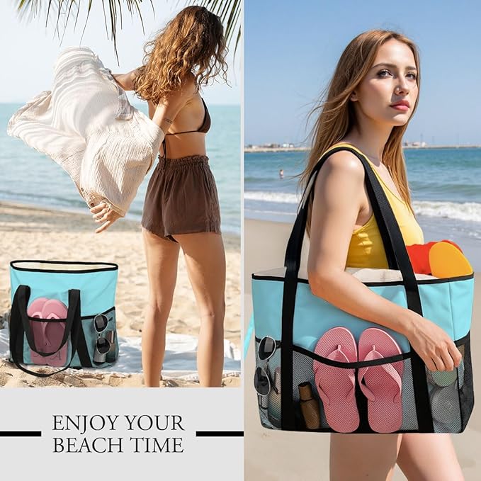 Sandproof Beach Bag with Zipper - 8-Pocket Waterproof Tote for Women & Family | Foldable Travel Swim Bag (Gift-Ready)