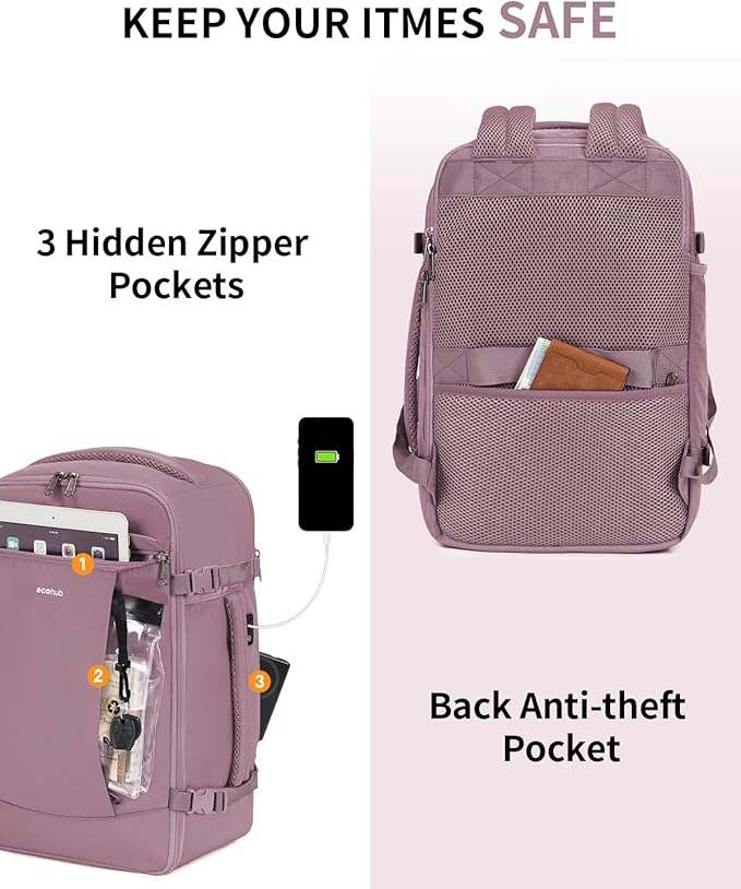 ECOHUB Travel Backpack for Women, Carry on Backpack with USB Charging Hole, Spirit Airlines Personal Item Bag Flight Approved, 15.6 Inch Laptop Backpack with Anti Theft Pockets, 30L, Pink