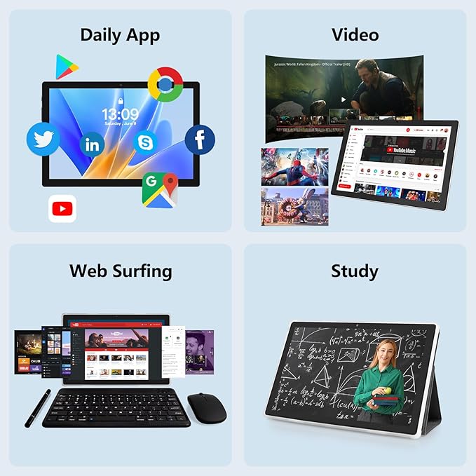 Tablet, Android 14 Tablet with 12GB RAM 64GB ROM, Octa-Core Processor Tablets with Keyboard, Mouse, 10.1 Inch 1280 * 800 IPS Touch Screen, Dual Camera, WiFi 6, BT 5.4, 6000mAh Battery