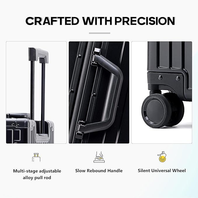 YYW Aluminum Carry-On Luggage Airline Approved Lightweight Suitcase with TSA Lock and Silent Wheels, Hardshell Spinner Business Travel (Black, 24in)
