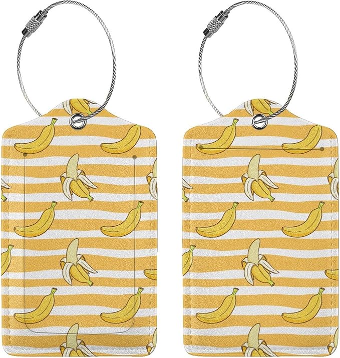 2 Packs Bananas Crew Luggage Tag for Adult Kids, Cute Yellow Background Fruit Suitcase Tag Labels Leather Travel Baggage Identifiers Tags with Full Back Privacy Name ID Card