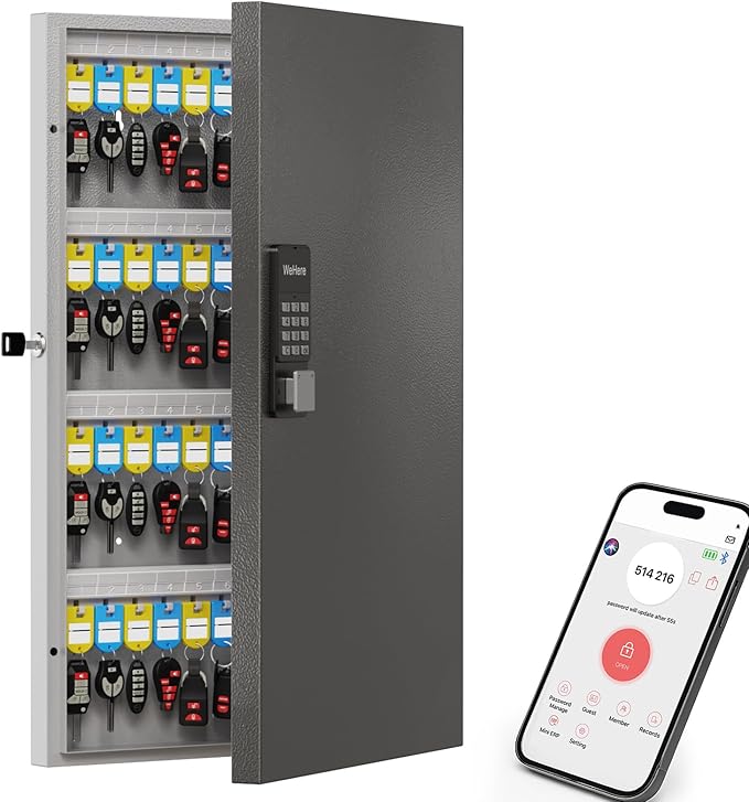 WeHere 96 Key Lock Box Wall Mount, APP Bluetooth/OTP/Wi-Fi/Fixed Code/Key Unlock, Smart Key Cabinet with Key Tag, Key Organizer Holder Box, Key Management Directory for Office, Valet, Realtor, Hotel
