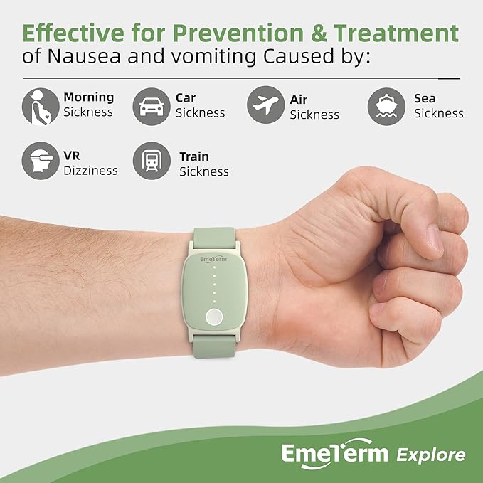 EmeTerm Explore FDA-Cleared Anti-Nausea Wristband IP67 Waterproof Morning Motion Sickness Relief Band Rechargeable Classic Strap Design Drug Free Non-drowsy Without Side Effects Mint Green