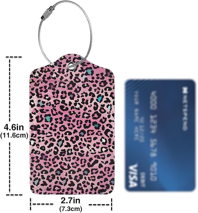 Pink Leopard Print Luggage Tags for Suitcases,2 Pack Luggage Tag, Leather Stainless Steel Loop Label Tag for Women Girl Travel Bag Suitcase