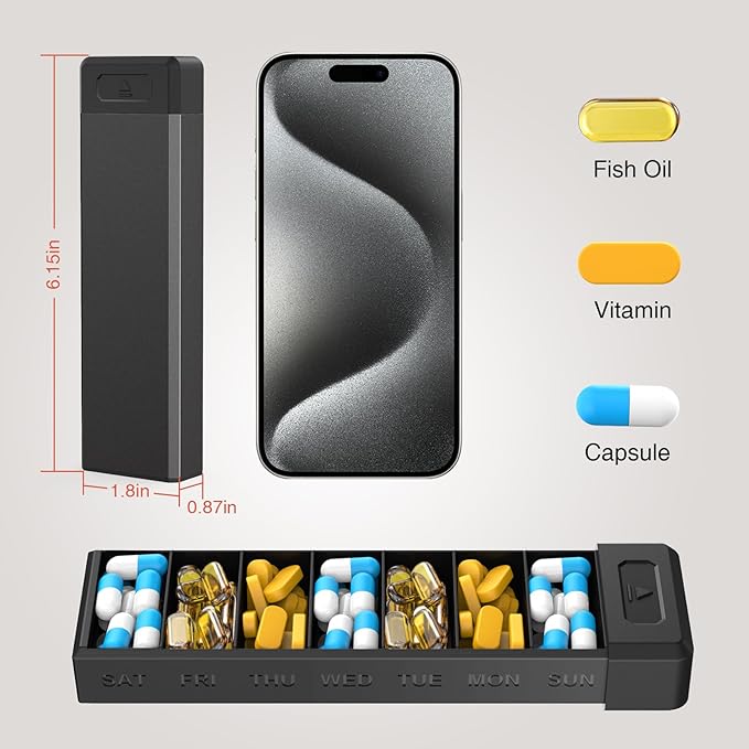 HEIYING Pill Organizer with Aluminum Shell for One Week Capacity, Portable 7 Compartments Pill Box Container to Hold Vitamin, Medicine, Supplements