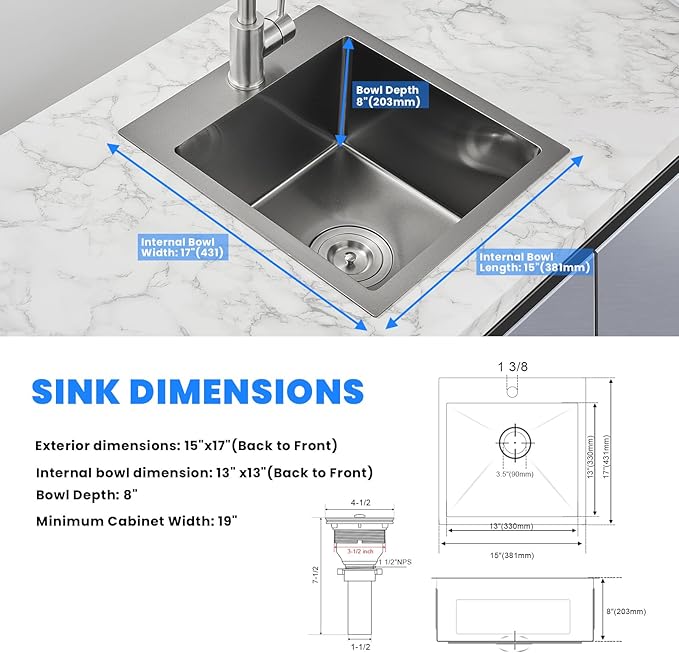 POPFLY Kitchen Sink, 15×17 Inch Drop In Black Small Kitchen Sinks, 18 Gauge Stainless Steel Bar Prep Rv Single Bowl Utility Sink, Fregaderos De Cocina Modernos