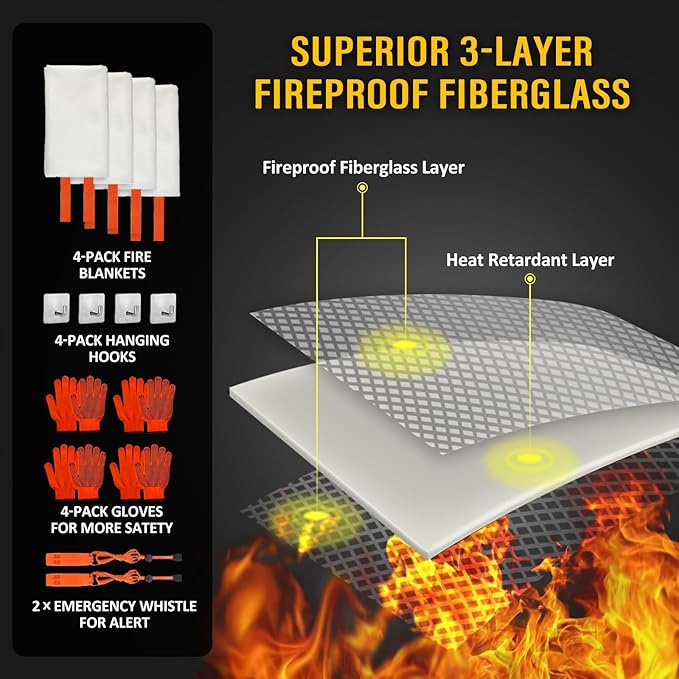 ROLOWAY Emergency Fire Blanket for Home and Kitchen, Fire Blankets Emergency for Home Safety (40 x 40 Inch) with Hooks, Gloves, Fire Suppression Blanket with Emergency Whistle for Fire Safety (4 Pack)