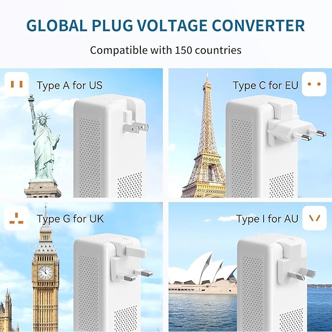 Mapambo 2000W 220V to 110V Voltage Converter US to Europe, Power Converter European Travel Converter for Hair Dryer, Power Converter Adapter Combo with Type C USB A for 150 Countries (White)