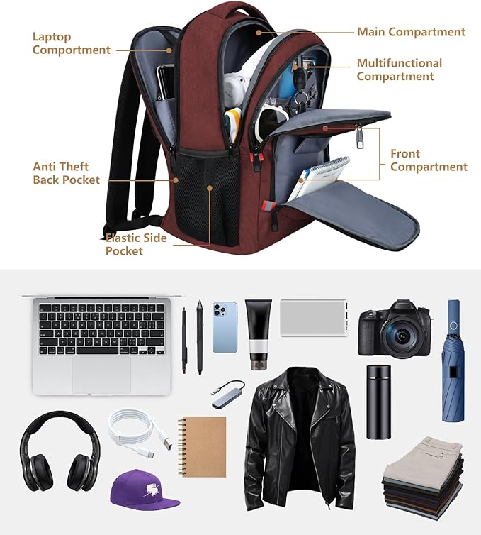 Backpack for Women Men, Travel School Backpacks for Teen Boys, Bookbag with USB Charging Port, Anti Theft College Backpack Fits 15.6 Inch Laptop, Casual Work Business Back Pack, Red