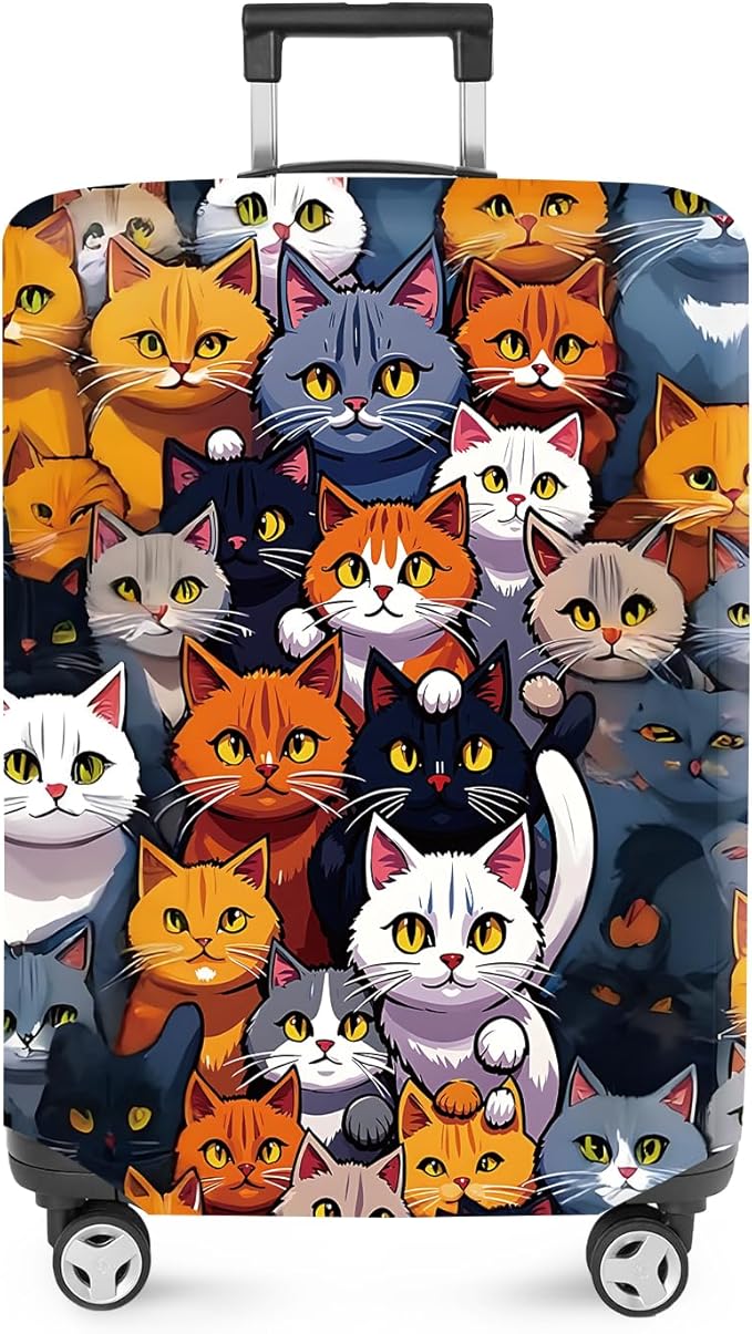 ANNA QUEEN Colorful Cat Luggage Cover, Fun Cat Design with Multiple Cats, Stretchable, Washable Travel Sleeve for 32-34 Inch Luggage