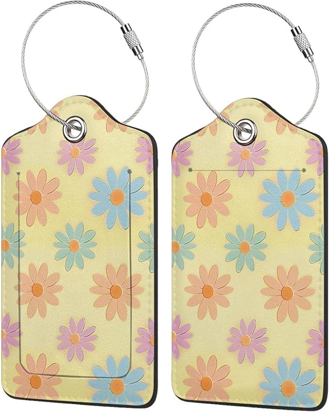 Flowers Leather Luggage Tag with Stainless Steel Ring, Fun Name Id Card Cover Travel Bag Tag Set, Suitable for Travel Bag Luggage Women Men 4 PCS