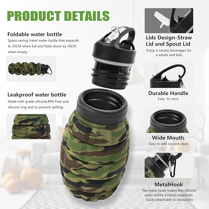 Collapsible Travel Water Bottle18oz, Reuseable Silicone Foldable Water Bottles for Gym Camping Hiking, Portable Leak Proof Sports Water Bottle with rugby Carabiner (Dark gray)