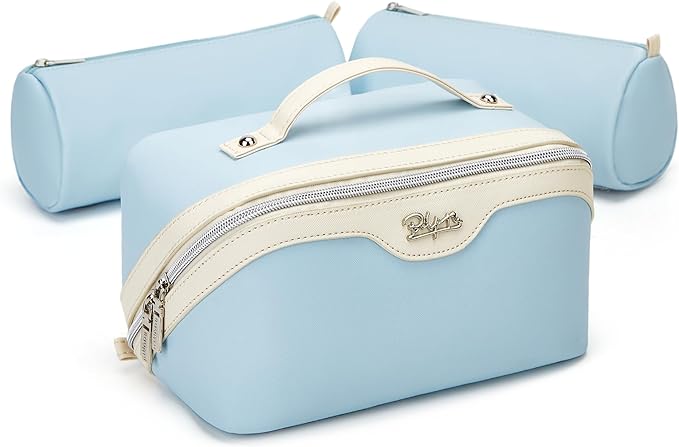 BOYATU Travel Makeup Bag Organizer Cosmetic Bag: 3 Pcs Set Make up Bags for Women with Handle - Waterproof Vegan Leather Toiletry Bags with Comparments (D-05-Blue)
