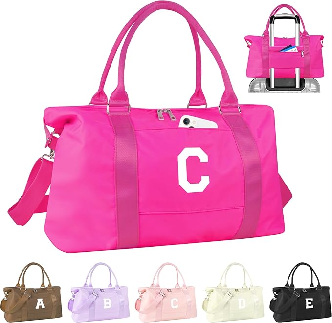 Overnight Bag for Kids Teen Girls Weekender Dance Bag Birthday Graduation Gifts,Initial Travel Duffel Bag Sports Gym Bag Personalized Weekender Bag Carry On Bags Preppy Gifts for Women(Hot Pink, C)