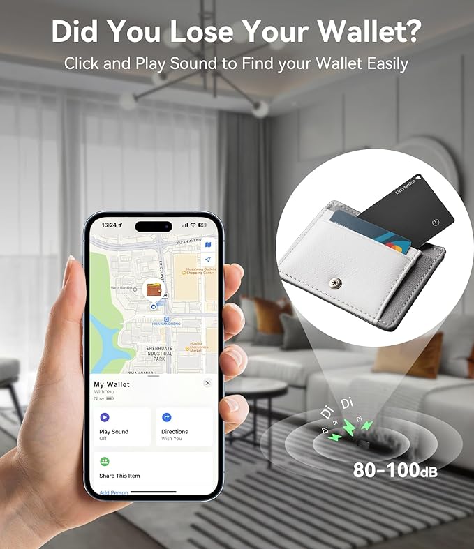 Ultra-Thin Air Tag Wallet Tracker Card 0.07in IP68 Waterproof Bluetooth Tracker for Wallets, Passport, Work with Apple Find My, Wireless Charging, Anti-Loss Card Locator [Apple MFi Certified] iOS Only