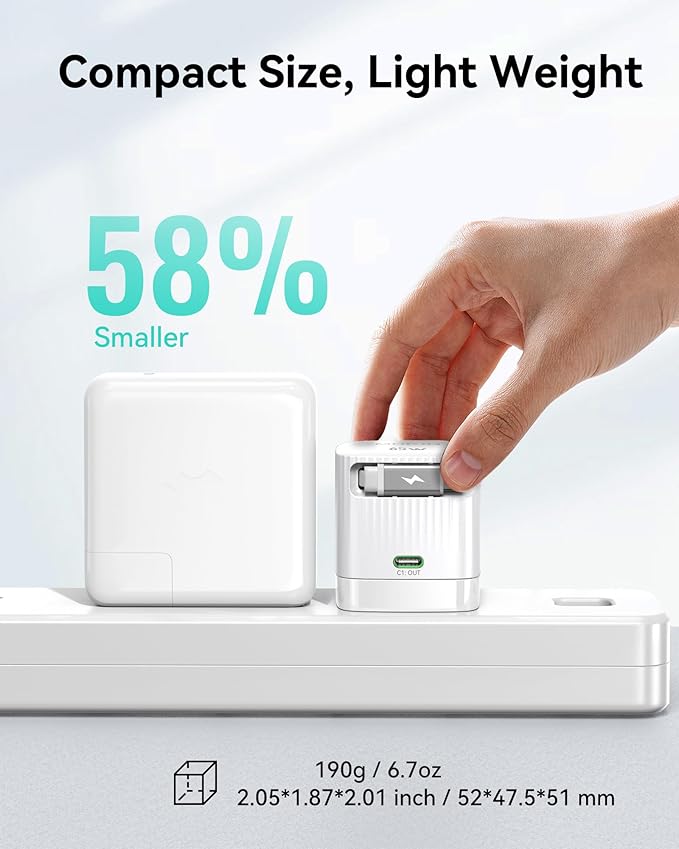 Retractable Wall Charger, 65W PD Fast USB C Charger Block with Retractable Type-C Cable, Travel Fast Charging Adapter with Foldable Plug for iPhone 16/15, MacBook Air, iPad Pro, Samsung, Pixel