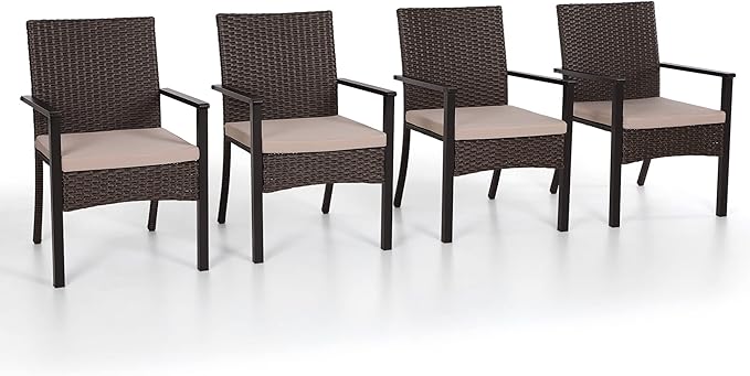 PHI VILLA Outdoor Wicker Chairs Set of 4, Rattan Covered Metal Armchairs with Removable Cushion, Heavy Duty Furniture Set for Patio, Deck, Porch, Yard
