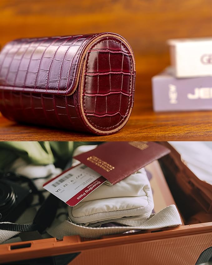 MR.OKAY 3 Watch Travel Case-Classic Leather Watch Case With Superb Texture. (Portable Watch Roll Or Organizer For Storage And Display).Festival Gift For Men, All Handcrafted By Artisans.