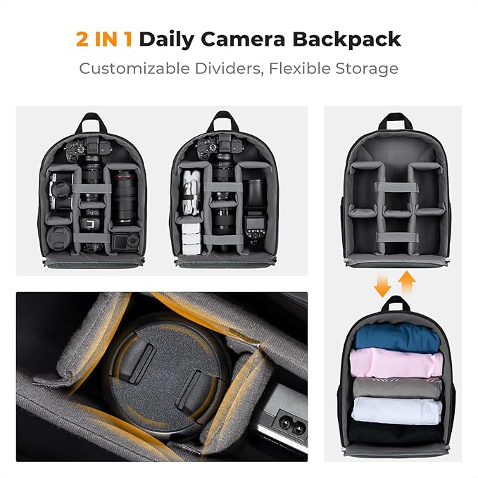 K&F CONCEPT Lightweight Camera Backpack Bag, Professional Photography Bag Compatible with Canon/Nikon/Sony Camera and Lens Accessories, Camera Case with Tripod Strap & Rain Cover
