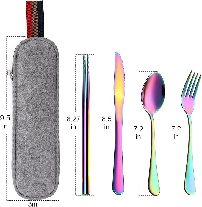 DEVICO Camping Utensils, Portable Travel Utensils with Case, Stainless Steel Reusable Silverware for Lunch Adult, 5Pcs Cutlery Set Includes Knife Spoon Fork Chopsticks and Case (Rainbow)