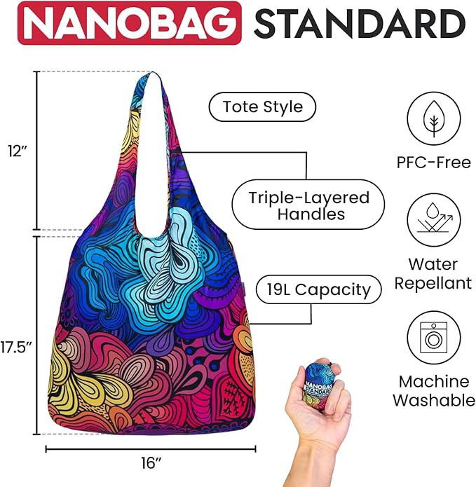 Nanobag Ultra-Lightweight Foldable Tote for Women & Men, Reusable Grocery & Travel Bag, Packable Collapsible Compact Market Essential (Standard Stars)