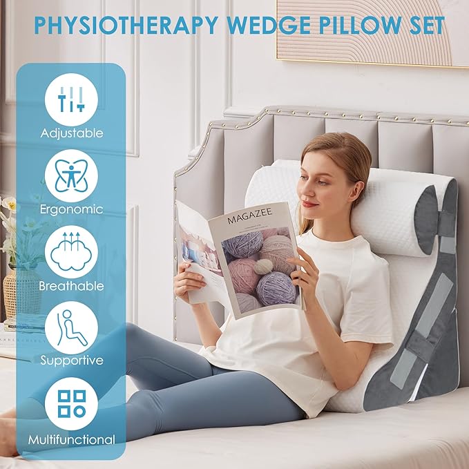 3PCS Bed Wedge Pillow for Headboard, Adjustable Wedge Pillow for Sleep Apnea, 23” Wide Triangle Pillow Wedge Set for After Surgery, Acid Reflux Relief, Snoring, Neck&Back Support, White/Grey