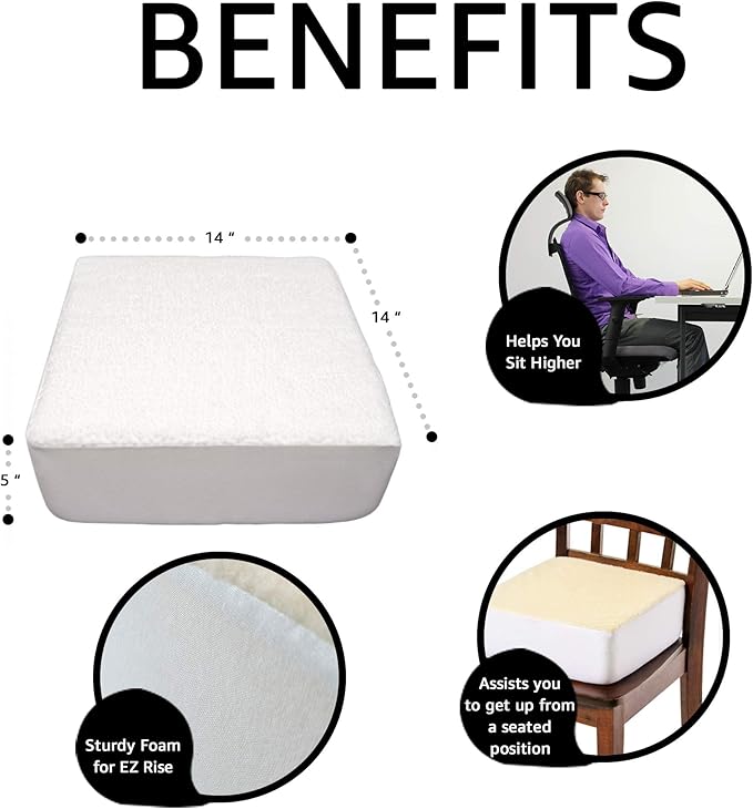Comfort Finds Rise with Ease Seat Cushion - Thick Firm Chair Cushion Booster - Extra Thick Foam Pad for Home, Patio, Office and Car Seats - Extra Supportive Lift - 14 X 14 X 5 (Sherpa Cream)