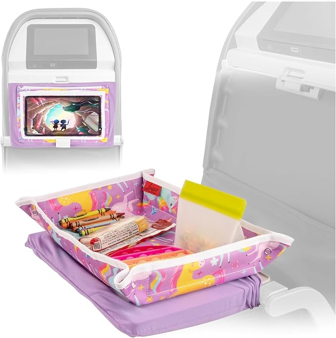 Lusso Gear Toddler Airplane Tray Table Cover - Unicorn Print, Textile, Rectangular - Foldable Tray With Pockets for Plane Toys & Snacks, Ideal for Plane Activities