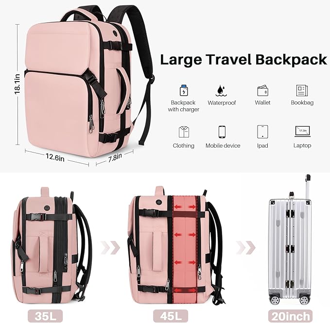 Travel Backpack Carry On Flight Approved, Lightweight Large Travel Backpack, Expandable with USB Charging Hole, Waterproof Causal Bookbag for Travel Work College Fits 17 inch Laptop, Pink