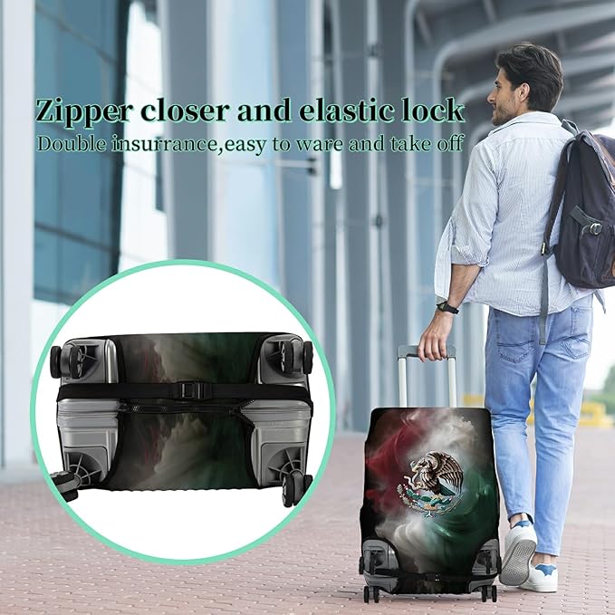 Luggage Cover + Tag, Mexican Flag Eagle Travel Suitcase Protector for 18-20 inch Luggage (S) with Concealed Zipper, Washable Elastic Cloth, Dustproof, Anti-Scratch