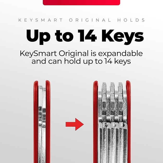 KEYSMART Key Holder for Keychain - Compact Key Organizer for Key Chain, Minimalist Clutter-Free EDC Keychains Key Ring, Red, 14 Keys