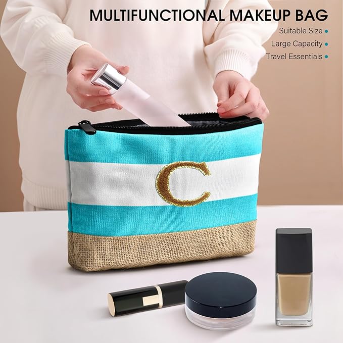 Becokan Beach Bag Initial Beach Tote with Makeup Bag for Travel Work Storage Personalized Birthday Gifts for Women Her